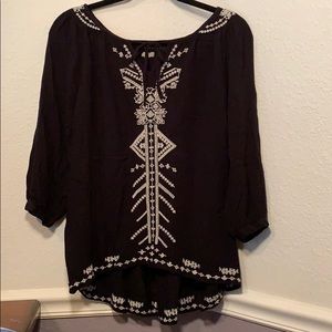 UO Ecoté Black and White Embroidered Peasant Top